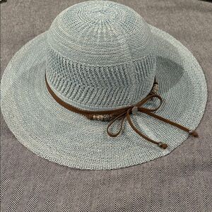 NEW Elegant Light Blue Sun Hat with Brown Trim